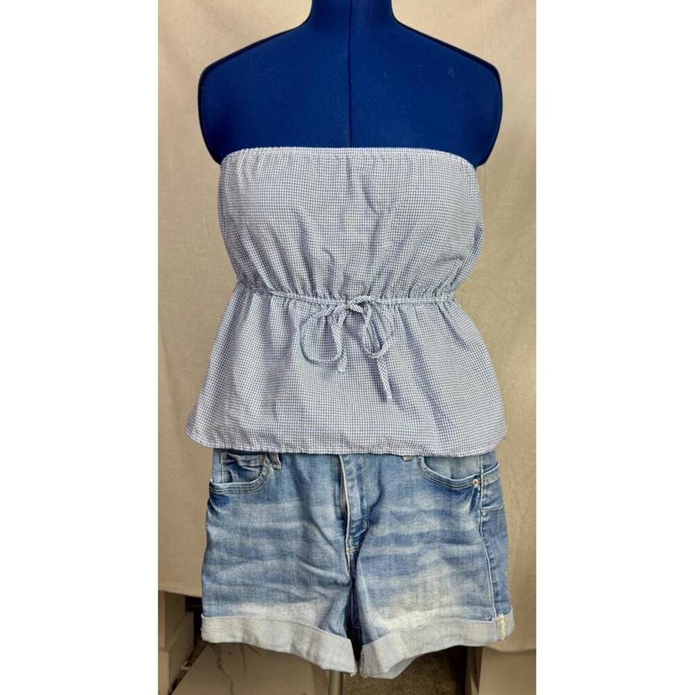 Vintage Blue Gingham Strapless Peplum Top Timing L Cottagecore Summer Blouse Y2K